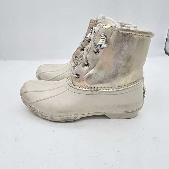 Sperry Saltwater Shimmer Leather Duck Boots Ivory Size 6 - Picture 2 of 9